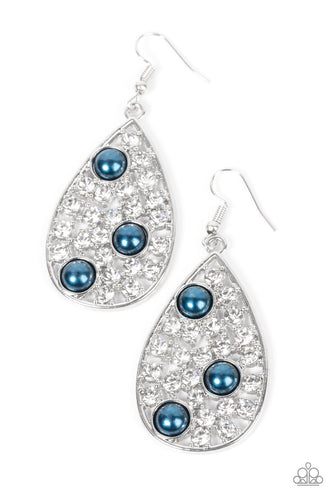 Encased in pronged silver fittings, a glitzy collection of glassy white rhinestones join pearly blue beads inside of a shiny silver teardrop for a glamorous finish. Earring attaches to a standard fishhook fitting.
