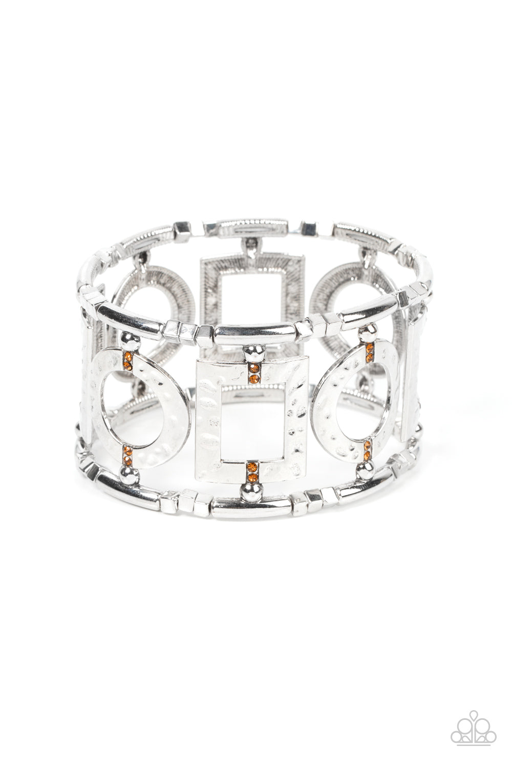 Dotted with dainty topaz rhinestones, an airy collection of hammered circular and rectangular frames glides along stretchy bands around the wrist. The geometric frames are separated by trios of dainty silver cube beads, adding extra edge to the textured display.