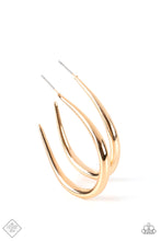 Load image into Gallery viewer, A glistening gold bar sharply curves into an asymmetrical hoop, adding a flash of high sheen luster to any outfit. Earring attaches to a standard post fitting. Hoop measures approximately 1 1/4&quot; in diameter.  Sold as one pair of hoop earrings.  New Kit Fashion Fix
