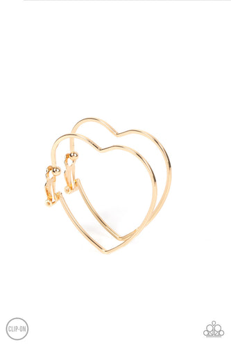 A glistening gold bar delicately curves into an oversized heart frame, resulting in a heart-stopping shimmer. Earring attaches to a standard clip-on fitting. 