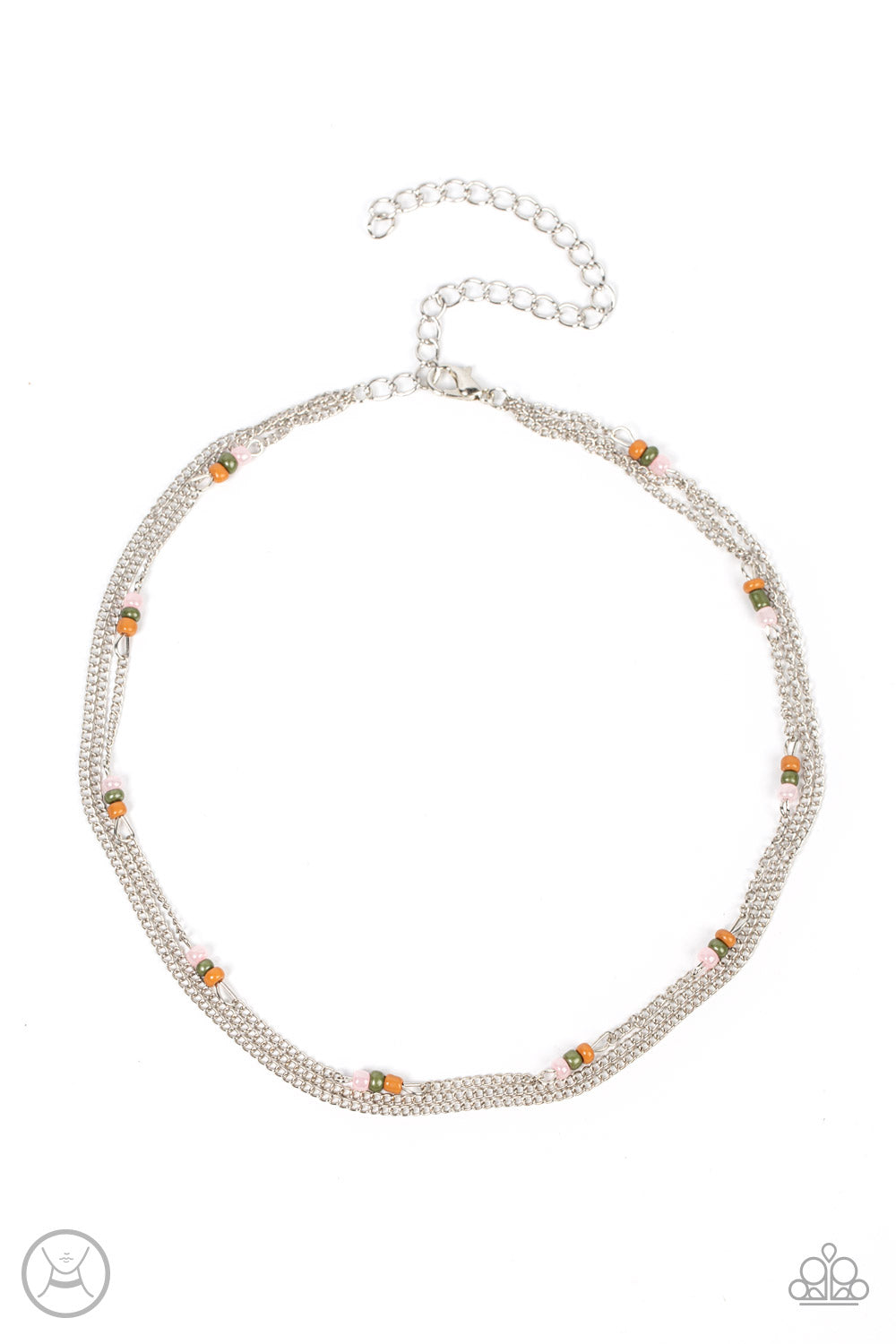 Infused with a pair of dainty silver chains, a single chain is adorned in sections of Olive Branch, Pale Rosette, and Adobe seed beads as it layers around the neck for an earthy flair. Features an adjustable clasp closure.