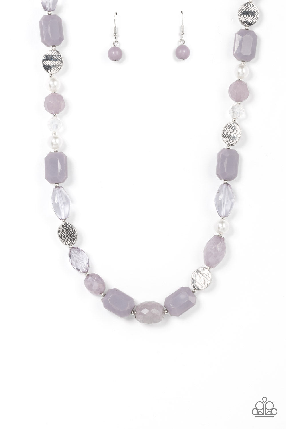 Varying in shape and opacity, a faceted collection of glassy and acrylic Ultimate Gray beads joins pearls, dainty silver beads, and zigzagged silver discs along an invisible wire across the chest for an effervescent elegance. Features an adjustable clasp closure. 