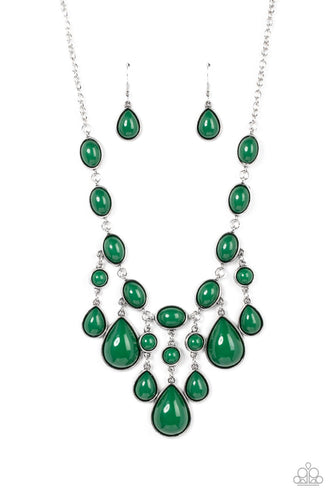 A row of refreshing Leprechaun beads set in antiqued silver frames connect end to end across the collar. Falling from the center of the design, a trio of opulently grand teardrop beads coalesce with streams of smaller Leprechaun round and teardrop beads creating a flirty fringe and dramatic allure. Features an adjustable clasp closure. 