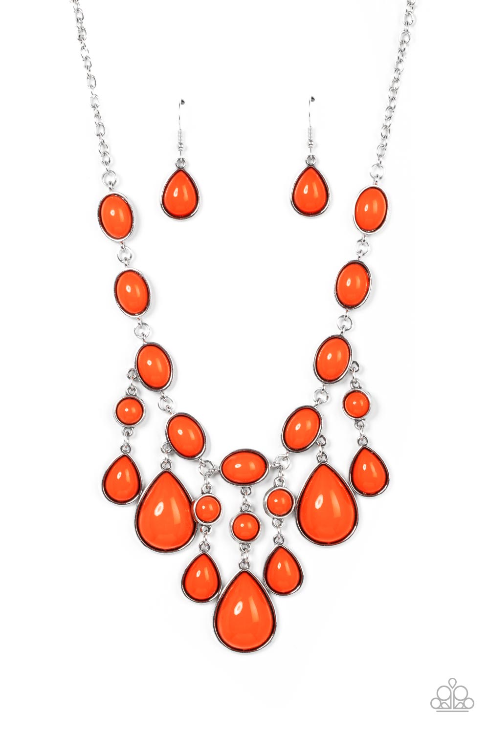 A row of burnt orange oval beads set in antiqued silver frames connect end to end across the collar. Falling from the center of the design, a trio of opulently grand teardrop beads coalesce with streams of smaller burnt orange round and teardrop beads creating a flirty fringe and dramatic allure. Features an adjustable clasp closure. 