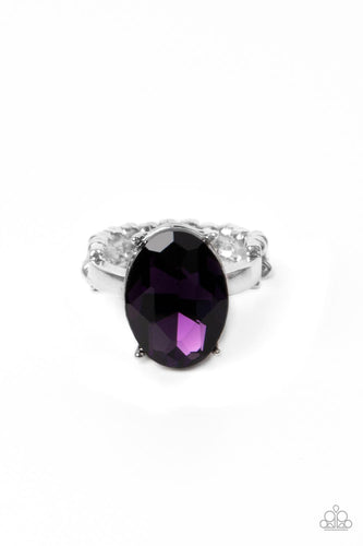 A stunning faceted plum gem, set in edgy pronged fittings, creates a glamorous show-stopping centerpiece atop sleek silver bands. Features a dainty stretchy band for a flexible fit. 
