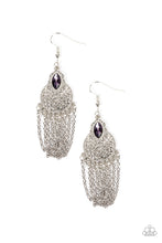 Load image into Gallery viewer, A marquise cut purple rhinestone is pressed into a scalloped silver frame atop a circular silver frame abloom with vine-like filigree. Dotted in dainty white rhinestones, the decorative frame gives way to a fringe of silver chains for a whimsical finish. Earring attaches to a standard fishhook fitting.
