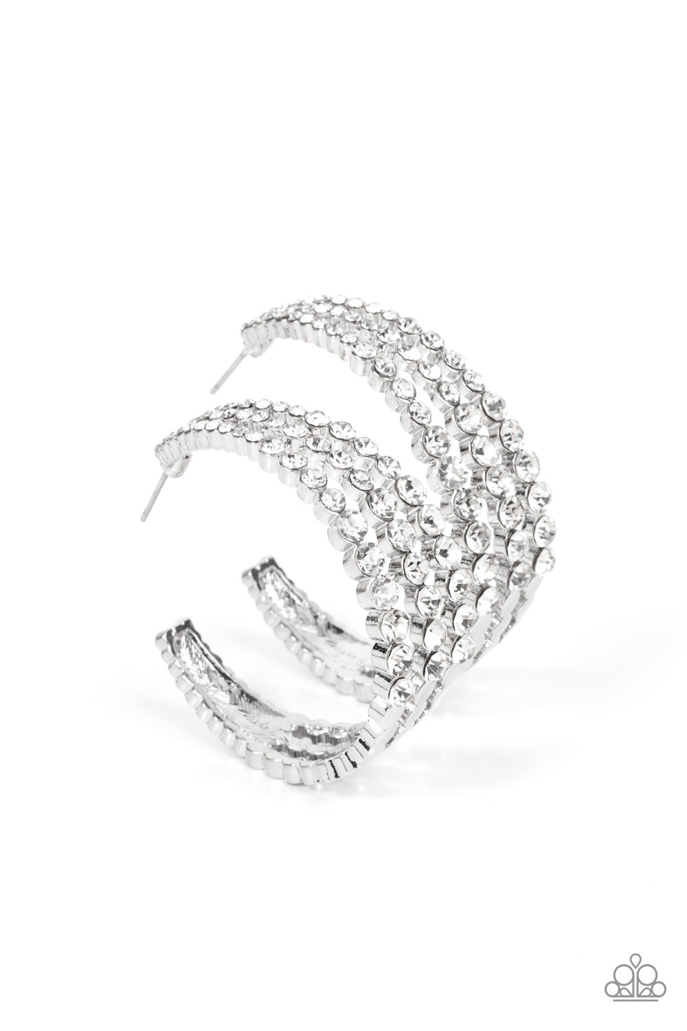 Cascading layers of sparkling white rhinestones plunge into flattened silver plates creating a stunning eye-catching hoop earring.  Earring attaches to a standard post fitting. Hoop measures approximately 2