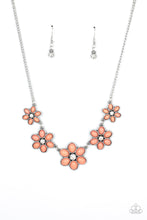Load image into Gallery viewer, Dotted with dainty white rhinestone centers, a flirtatious assortment of coral beaded flowers gradually increase in size as they link below the collar for a playful pop of color. Features an adjustable clasp closure.

