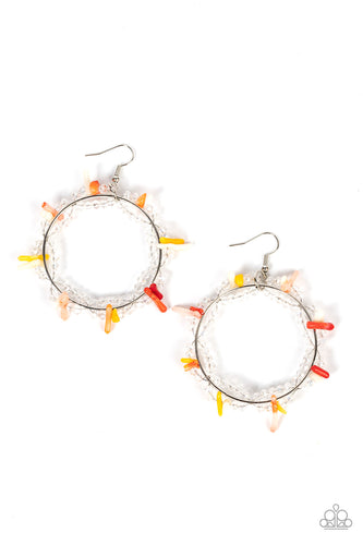 Dainty crystal-like beads and multicolored shell-like pieces are threaded along dainty wires, creating glitzy loops around an oversized silver ring for a beach inspired fashion. Earring attaches to a standard fishhook fitting. 