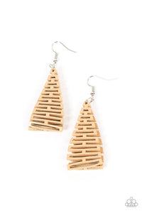 Featuring an edgy geometric cutout pattern, a stretchy piece of brown leather-like fabric delicately folds in half as it connects into a trendy frame. Earring attaches to a standard fishhook fitting. 