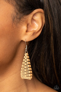 Featuring an edgy geometric cutout pattern, a stretchy piece of brown leather-like fabric delicately folds in half as it connects into a trendy frame. Earring attaches to a standard fishhook fitting. 