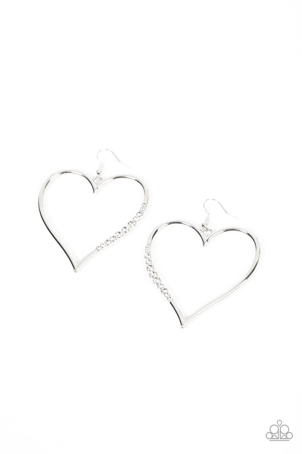 A section of glassy white rhinestones adorns a curvaceous silver heart frame, resulting in a heart-stopping sparkle. Earring attaches to a standard fishhook fitting. 