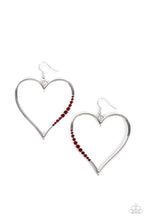 Load image into Gallery viewer, A section of fiery red rhinestones adorns a curvaceous silver heart frame, resulting in a heart-stopping sparkle. Earring attaches to a standard fishhook fitting.
