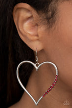 Load image into Gallery viewer, A section of fiery red rhinestones adorns a curvaceous silver heart frame, resulting in a heart-stopping sparkle. Earring attaches to a standard fishhook fitting.
