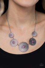 Load image into Gallery viewer, Infused with a whimsical mandala-like motif, tactile silver petals bloom from pink rhinestone dotted centers below the collar. The mismatched silver flowers gradually increase in size, exaggerating the eye-catching details. Features an adjustable clasp closure. 
