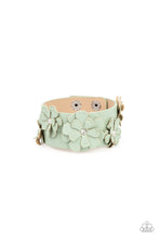 Load image into Gallery viewer, Dotted with dainty white rhinestone centers, textured Basil leather petals layer into a blooming floral centerpiece atop the front of a thick Basil leather band for a rustic finish. Features an adjustable snap closure.
