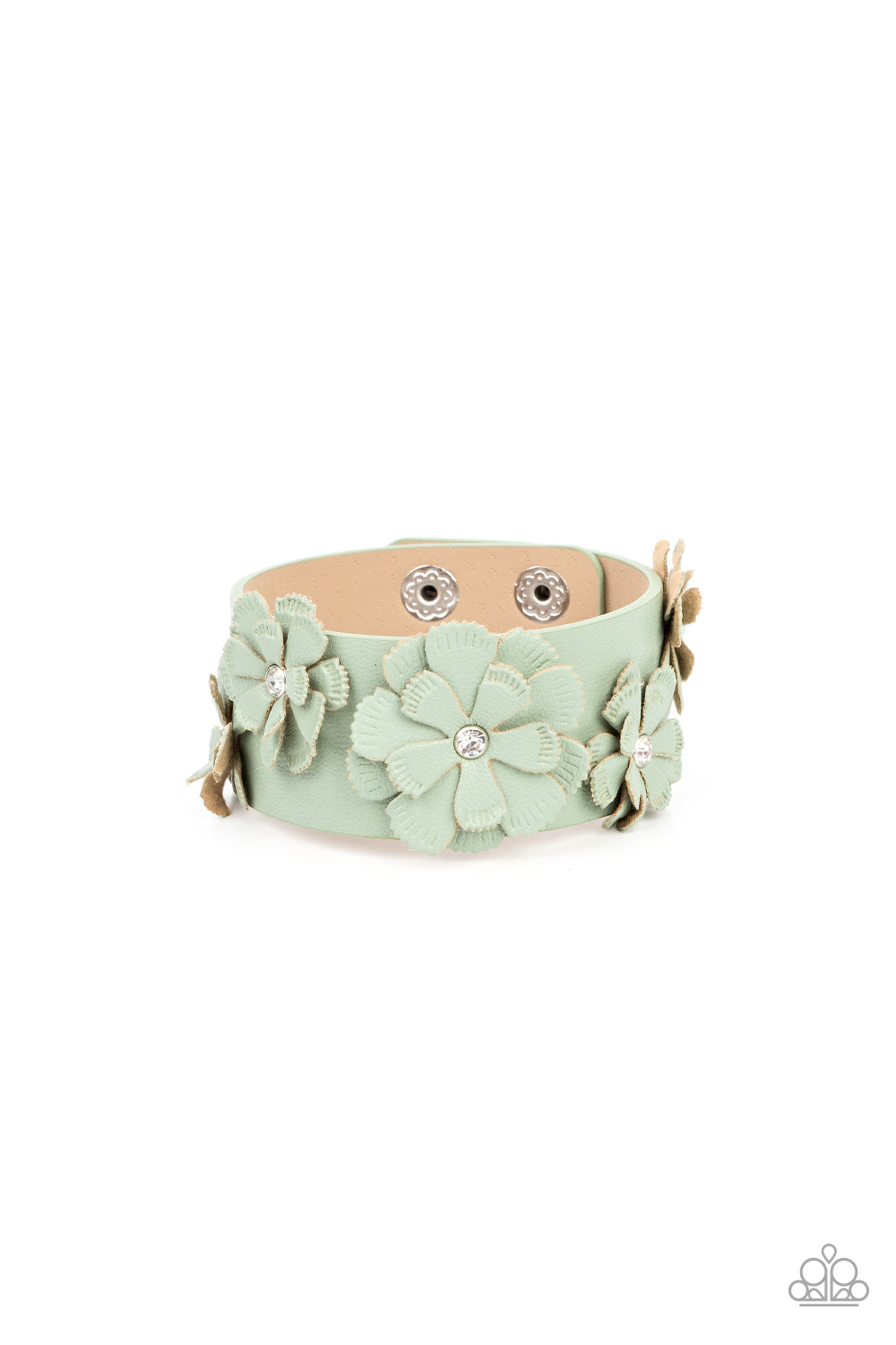 Dotted with dainty white rhinestone centers, textured Basil leather petals layer into a blooming floral centerpiece atop the front of a thick Basil leather band for a rustic finish. Features an adjustable snap closure.