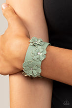 Load image into Gallery viewer, Dotted with dainty white rhinestone centers, textured Basil leather petals layer into a blooming floral centerpiece atop the front of a thick Basil leather band for a rustic finish. Features an adjustable snap closure.
