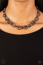 Load image into Gallery viewer, An oversized gunmetal chain interlocks with an oval linked chain, resulting in a rebellious fashion around the neck. Features an adjustable clasp closure.
