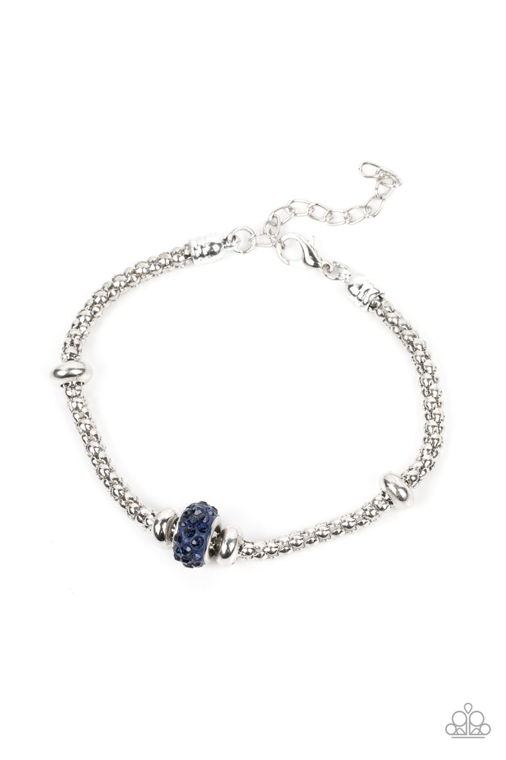 Flanked by silver disc-like beads, a blue rhinestone dotted bead adorns the center of a silver popcorn chain around the wrist for a dazzling finish. Features an adjustable clasp closure.