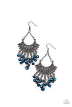 Load image into Gallery viewer, Tassels of metallic blue crystal-like beads cascade from the bottom of a fan of hematite rhinestone dotted frames that flare out from a filigree filled half moon frame, resulting in a glitzy fringe suspended by dainty gunmetal chains. Earring attaches to a standard fishhook fitting.
