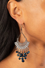 Load image into Gallery viewer, Tassels of metallic blue crystal-like beads cascade from the bottom of a fan of hematite rhinestone dotted frames that flare out from a filigree filled half moon frame, resulting in a glitzy fringe suspended by dainty gunmetal chains. Earring attaches to a standard fishhook fitting.
