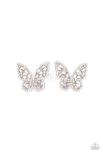 Load image into Gallery viewer, Bordered in dainty white rhinestones, emerald cut iridescent rhinestones sparkle inside the silver wings of a butterfly for an enchanting fashion. Earring attaches to a standard post fitting.
