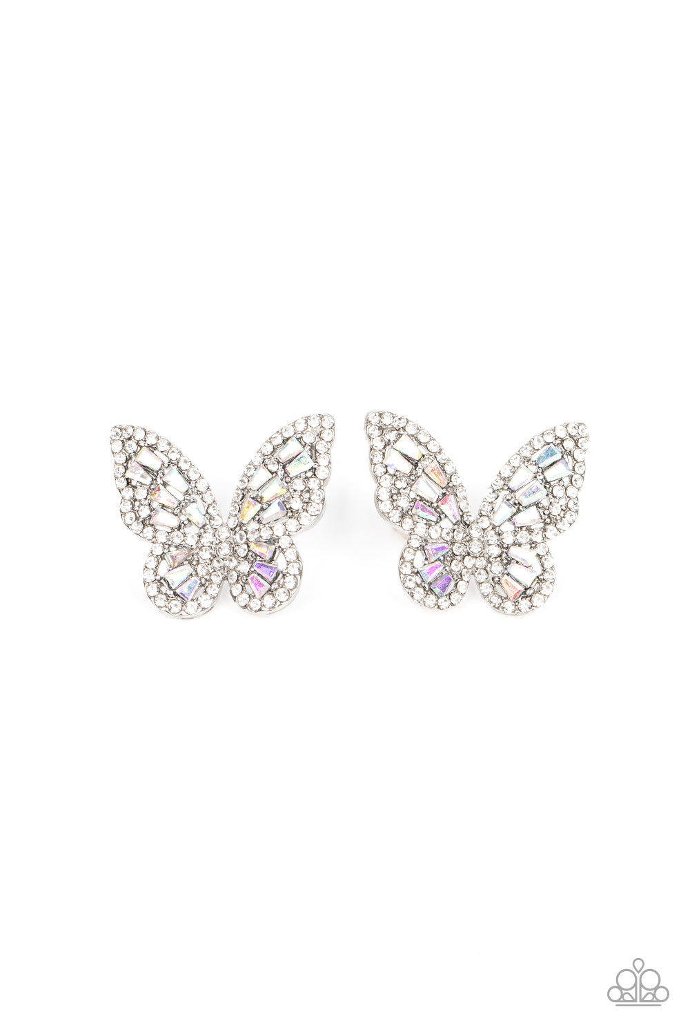 Bordered in dainty white rhinestones, emerald cut iridescent rhinestones sparkle inside the silver wings of a butterfly for an enchanting fashion. Earring attaches to a standard post fitting.