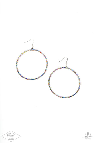 Encrusted in iridescent rhinestones, a dramatically oversized hoop swings from the ear for an exaggerated effect. Earring attaches to a standard fishhook fitting.  Sold as one pair of earrings.