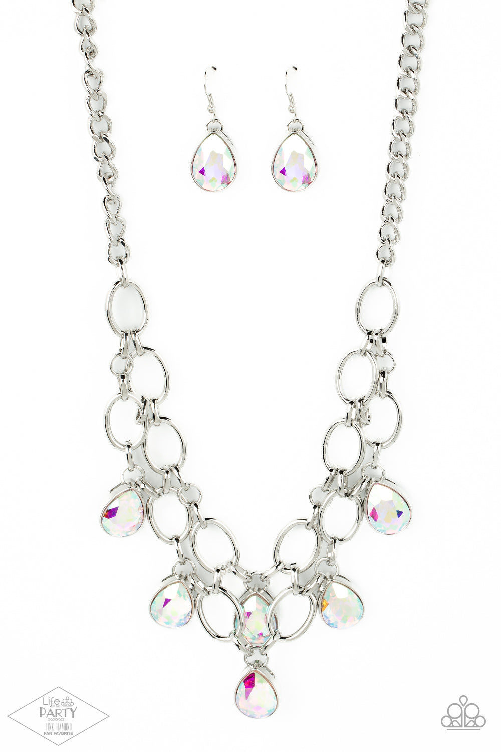Joined by dainty silver links, two rows of dramatic silver chain layer below the collar in a fierce fashion. Iridescent teardrop gems drip from the glistening layers, adding a timeless shimmer to the show-stopping piece. Features an adjustable clasp closure.