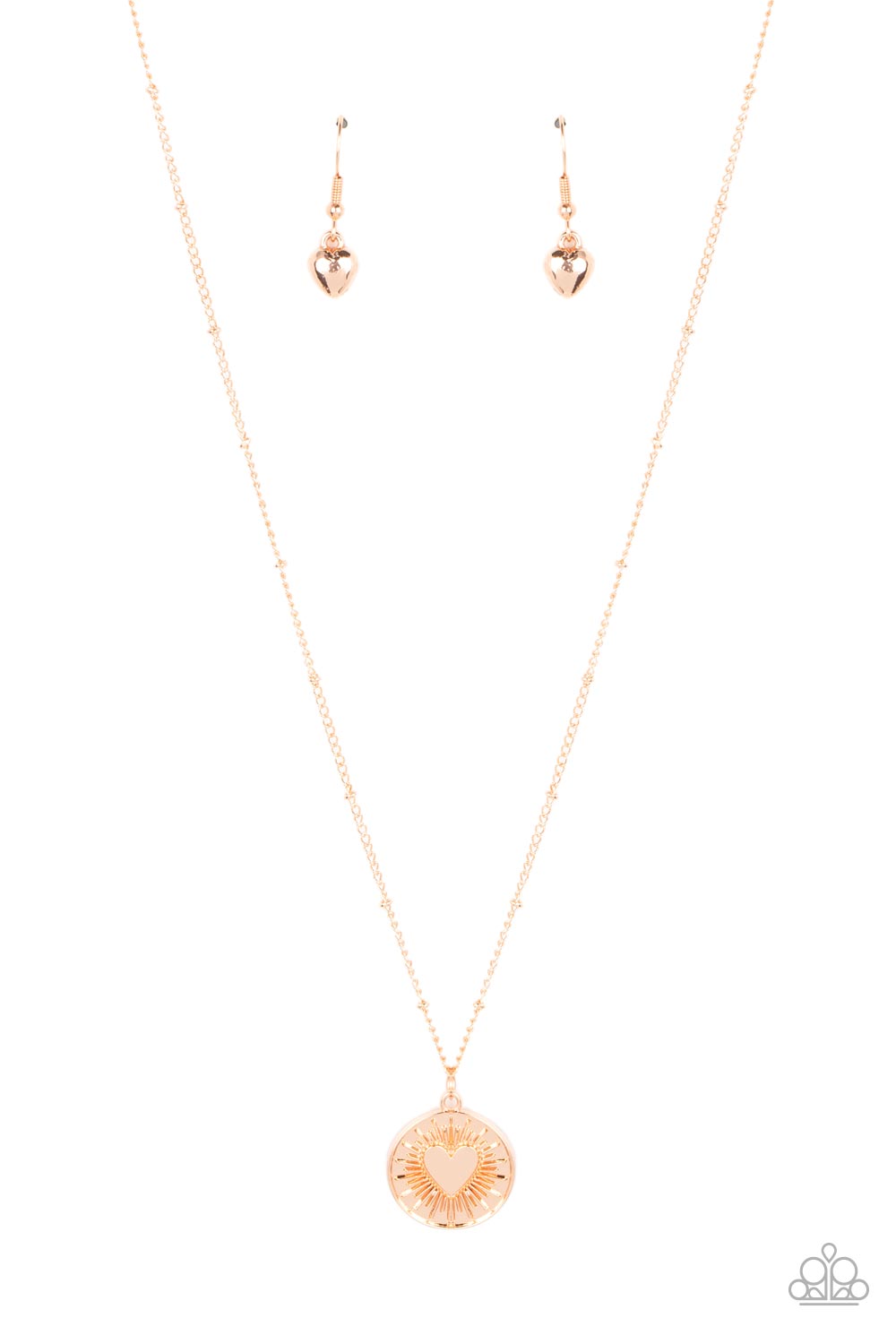 Embossed with a dainty heart, a gold pendant bursts from the center of a dainty gold satellite chain below the collar for a romantic flair. Features an adjustable clasp closure.