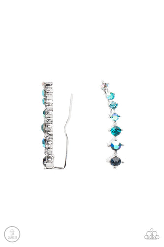 An iridescent spectrum of dainty blue rhinestones gradually increase in intensity as they climb the ear for a stellar fashion. Features an extended post fitting that climbs the back of the ear and can be pressed together for a more secure fit. 