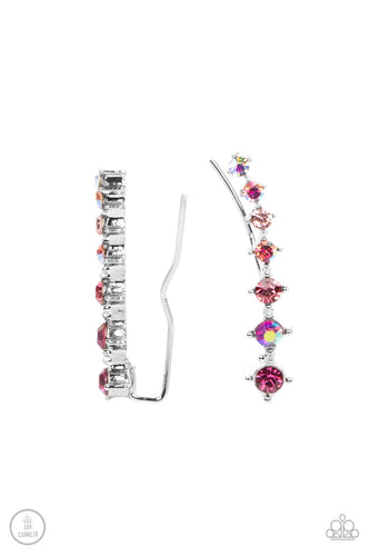 An iridescent spectrum of dainty pink rhinestones gradually increase in intensity as they climb the ear for a stellar fashion. Features an extended post fitting that climbs the back of the ear and can be pressed together for a more secure fit.