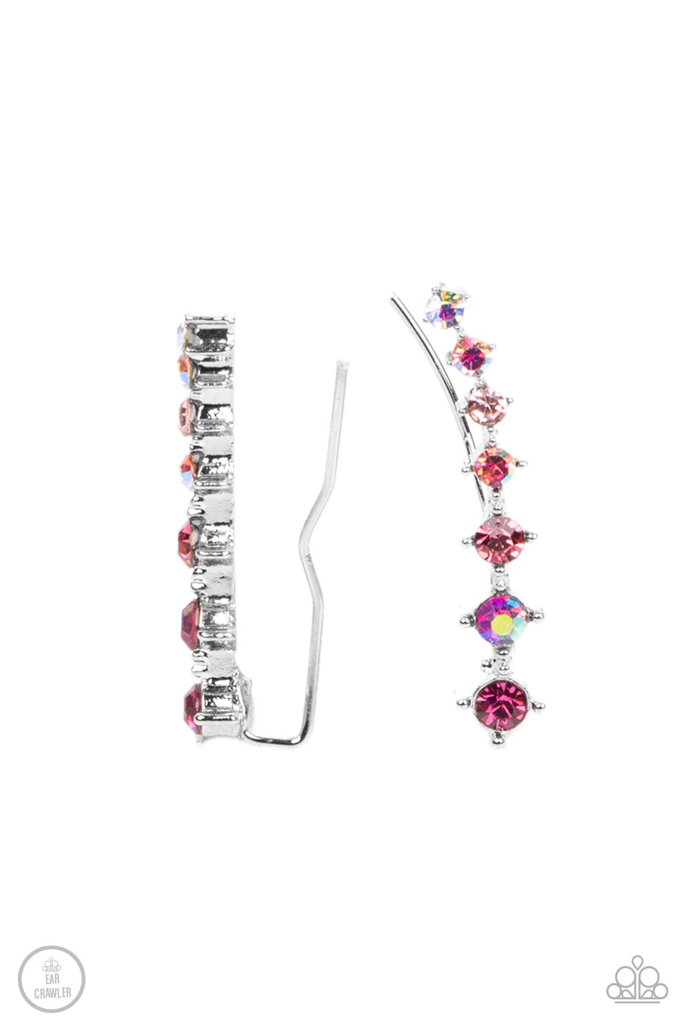 An iridescent spectrum of dainty pink rhinestones gradually increase in intensity as they climb the ear for a stellar fashion. Features an extended post fitting that climbs the back of the ear and can be pressed together for a more secure fit.