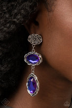 Load image into Gallery viewer, A coil of antiqued silver gives way to two oval multicolored purple gems. Brushed in a metallic-like finish, the shimmering gems are wrapped in layered frames of rustic rope texture creating an elegantly idyllic lure. Earring attaches to a standard post fitting.  Sold as one pair of post earrings.  New Kit Fashion Fix
