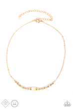 Load image into Gallery viewer, A trio of earthy white stone discs is flanked by square gold beads threaded along a dainty gold chain, creating a harmonious display. Features an adjustable clasp closure. 
