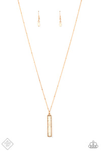 An earthy collection of dainty white stone discs stack inside a rectangular gold frame, creating a rustic pendant as it sways at the end of a lengthened dainty gold satellite chain. Features an adjustable clasp closure. 