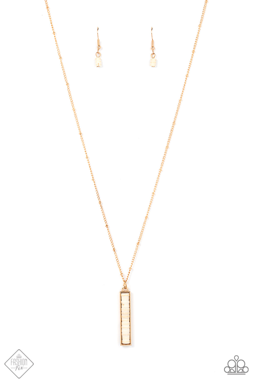 An earthy collection of dainty white stone discs stack inside a rectangular gold frame, creating a rustic pendant as it sways at the end of a lengthened dainty gold satellite chain. Features an adjustable clasp closure. 