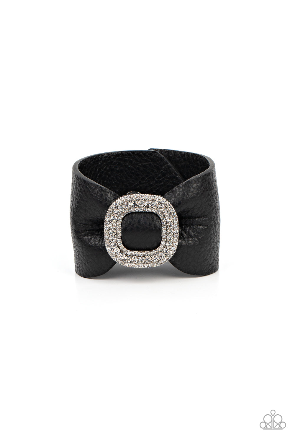 A thick black pleather band delicately knots around the wrist. Stacked with brilliant white rhinestones, a dramatic silver buckle sparkles at the center of the wrist for a dramatic finish. Features an adjustable snap closure.