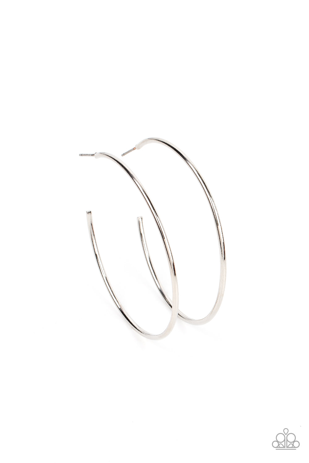A glistening silver wire boldly curls into an oversized hoop, creating a minimalist inspired fashion. Earring attaches to a post fitting. Hoop measures approximately 2
