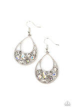 Load image into Gallery viewer, Featuring square, marquise, teardrop, and round cuts, an effervescent collection of white and iridescent rhinestones delicately collects along the bottom of a studded silver teardrop for a bubbly finish. Earring attaches to a standard fishhook fitting. 
