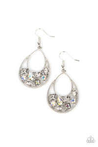 Featuring square, marquise, teardrop, and round cuts, an effervescent collection of white and iridescent rhinestones delicately collects along the bottom of a studded silver teardrop for a bubbly finish. Earring attaches to a standard fishhook fitting. 