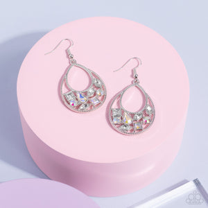 Featuring square, marquise, teardrop, and round cuts, an effervescent collection of white and iridescent rhinestones delicately collects along the bottom of a studded silver teardrop for a bubbly finish. Earring attaches to a standard fishhook fitting. 