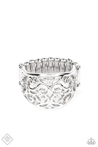 A wide, high sheen silver frame, infused with fanciful floral filigree, creates a romantically idyllic centerpiece atop the finger. Features a stretchy band for a flexible fit.  Sold as one individual ring.  New Kit Fashion Fix