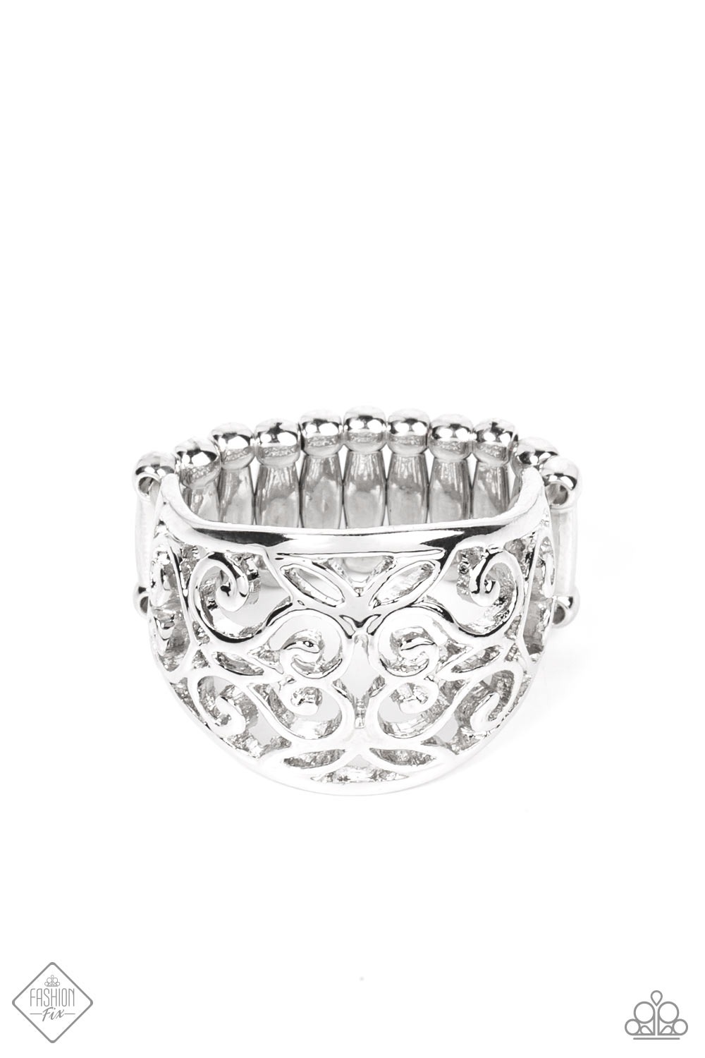 A wide, high sheen silver frame, infused with fanciful floral filigree, creates a romantically idyllic centerpiece atop the finger. Features a stretchy band for a flexible fit.  Sold as one individual ring.  New Kit Fashion Fix