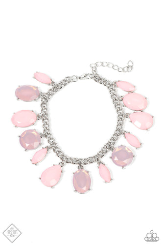 A charming collection of opaque and translucent Gossamer Pink beads swings from a classic silver chain. The faceted beads are a mishmash of shapes and sizes, creating a flirtatious pop of color around the wrist. Features an adjustable clasp closure.  Sold as one individual bracelet.  New Kit Fashion Fix