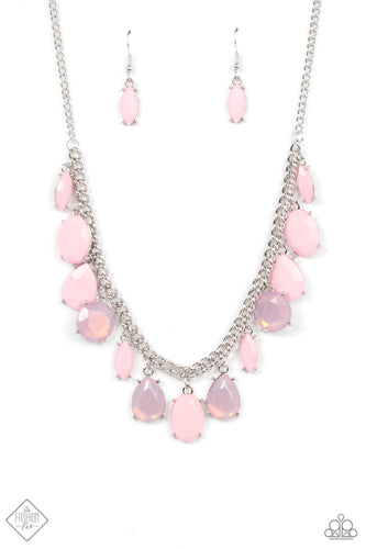 Featuring oval, round, teardrop, and marquise cuts, a fanciful collection of opaque and translucent Gossamer Pink beads sways from a bold silver chain. The faceted beads are set in silver prong settings, giving a spunky vibe to the whimsical collection as it lays below the collar. Features an adjustable clasp closure.  Sold as one individual necklace. Includes one pair of matching earrings.  New Kit Fashion Fix