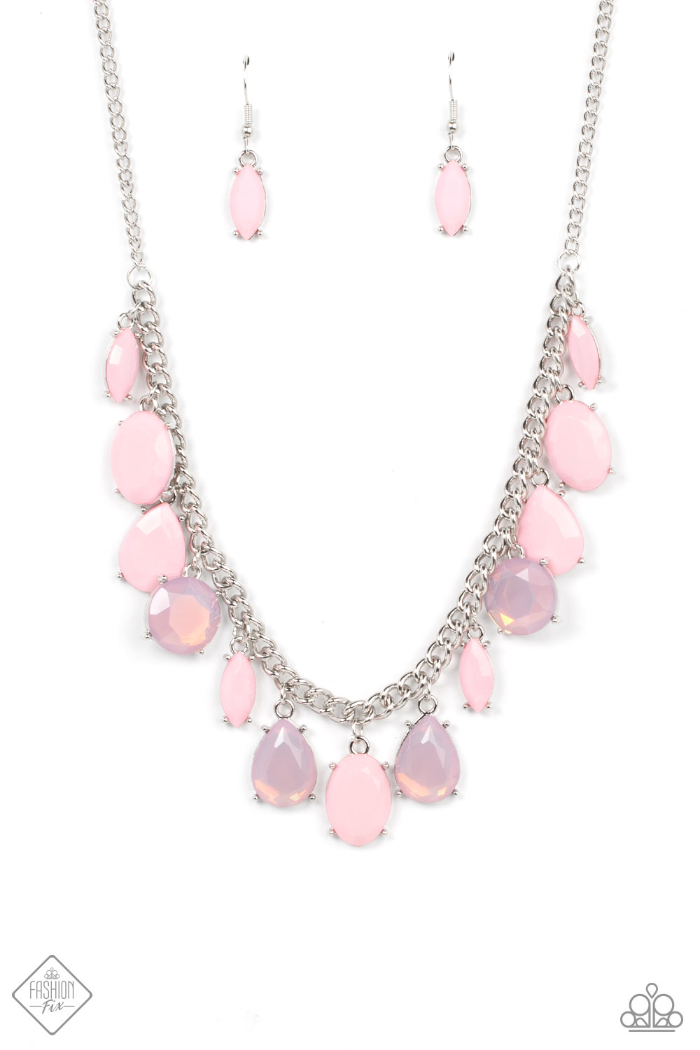 Featuring oval, round, teardrop, and marquise cuts, a fanciful collection of opaque and translucent Gossamer Pink beads sways from a bold silver chain. The faceted beads are set in silver prong settings, giving a spunky vibe to the whimsical collection as it lays below the collar. Features an adjustable clasp closure.  Sold as one individual necklace. Includes one pair of matching earrings.  New Kit Fashion Fix