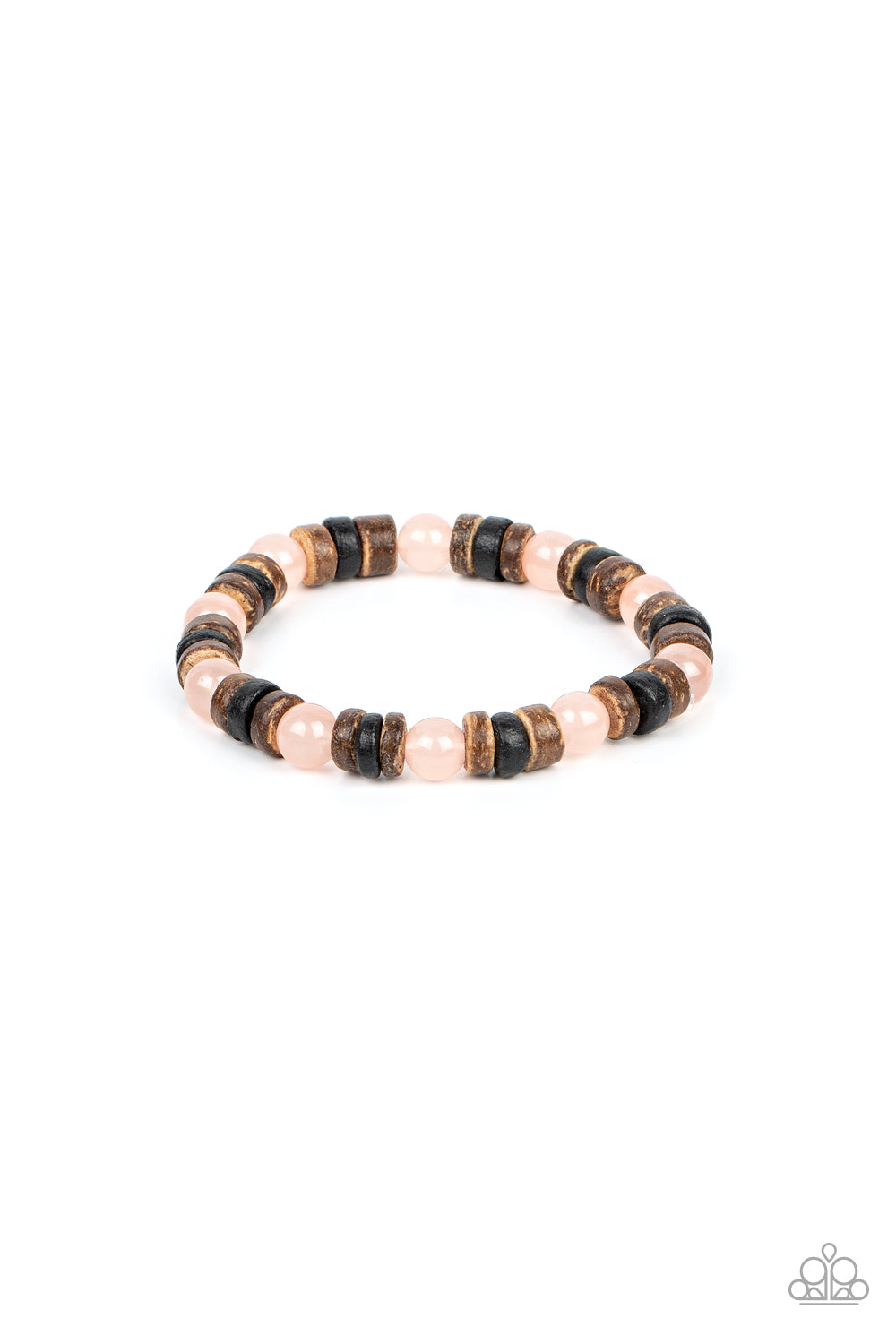 Glassy pink stone beads join trios of black and brown wooden discs along stretchy bands around the wrist, resulting in an earthy pop of color.  Sold as one individual bracelet.
