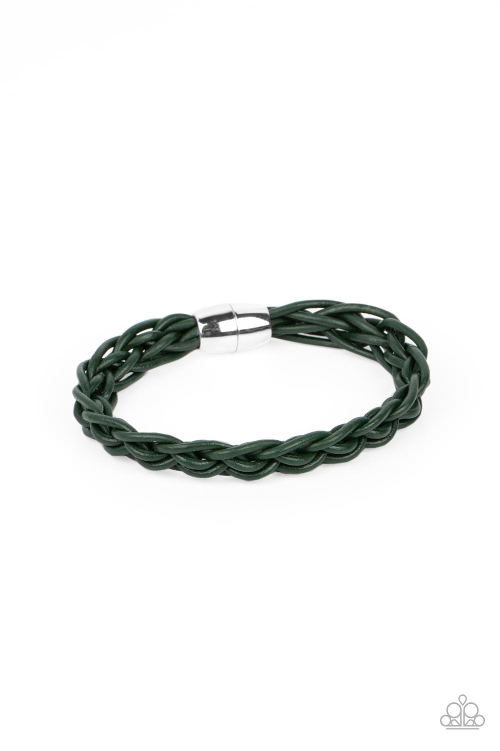 Leathery green cords intricately weave around the wrist, creating a rustic braid. Features a magnetic closure.